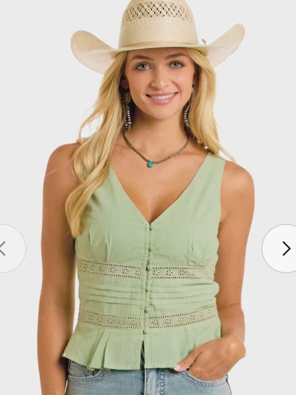 Rock & Roll Denim Eyelet Green Tank Top